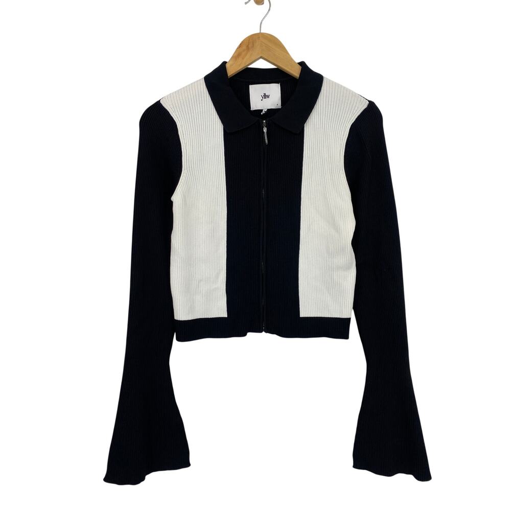 yllw the label M black white ribbed sweater jacket